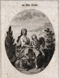 Allegory of Goodness Represented by a Noble and Abundant Beauty Looking at the Sky with Love. Pelican Symbolizes Charity, Dog Fidelity and Lamb, Sweetness. Engraving in 