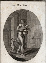 Allegory of Greed depicted in rags with a gold chain that serves as a belt, emphasizing that possession of property makes her a slave to the point of refusing necessities. On the stock exchange is the name Pluto, god of wealth in mythology.