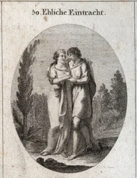 Allegory of harmony in marriage. A couple kisses, a gold chain hangs around their neck and a heart that they support each with one hand. Engraving in 