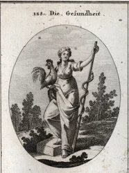 Allegory of Health Represented by a Strong Woman Holding a Rooster, Animal Consecrated to Aesculapius, God of Medicine. She Holds a Stick Around Which Is a Snake, an Animal Least Prone to Disease. Engraving in 