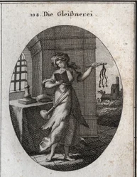 Allegory of hypocrisy holding a prayer book and discipline (swift, whip). The trumpet she has on her shoulder marks that she publishes her good works with emphasis. Engraving in 