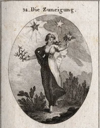 Allegory of Inclination. She Holds a Bouquet of Roses and a Bouquet of Thorns and Looks Indecisive in Her Choice. Behind It is a Bright and Beneficial Star (That of Jupiter) and a Dark and Harmful Star (That of Saturn). Engraving in 