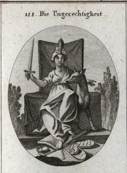 Allegory of injustice. She holds a sword that she raises, and at her feet are the tables of divine laws, the book of human voices and the scales of justice that are broken. The wolf is the symbol of cruelty, rapine and greed. Engraving in “Iconolo”
