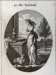 Allegory of innocence crowned with palm to mark that time makes her triumph over the slander that wants to oppress her. Its symbol is the lamb. Hand washing serves to publicly exonerate themselves from false accusations. Engraving in 