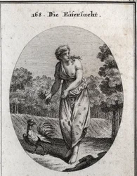 Allegory of jealousy stretching the ear on one side and watching what happens on the other. Her dress is dotted with eyes and ears and the bouquet of thorns she holds that her torment is voluntary. The rooster, jealous and vigilant, is her symbol. Engravin
