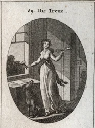 Allegory of loyalty whose symbols are the key, the seal and the dog. Engraving in 