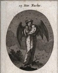 Allegory of night represented with bat wings. She holds two children asleep, one white and the other black, dream and nightmare. Engraving in “Iconology, or Ideas from the Realm of Passions and Allegories Pictorially Represented for Draughtsmen”.