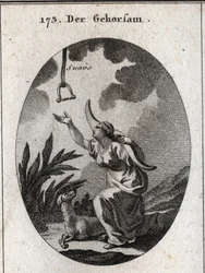 Allegory of obedience. She holds a yoke on her shoulders and moves forward to receive a brake that descends from the open sky in which the word 