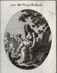Allegory of oblivion. She holds a mandrake plant, powerful narcotic. The lynx is the animal dedicated to Bacchus. Engraving in 