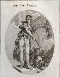 Allegory of Peace. She Wears a Wreath of Olive Trees and Holds a Club While She Burns with a Torch a Trophy of Weapons. Behind It, the Statue of Plutus Means That Abundance and Wealth Are Its Benefits. Engraving in 