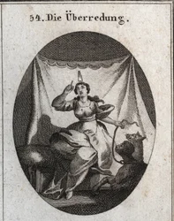 Allegory of Persuasion Represented with a Human Tongue on the Head. She Holds an Animal with Two Heads: a Dog, Emblem of the Insinuation by Docility and Caresses, and a Monkey for the Address to Suggest Sometimes Fraudulent Things. Engraving in 