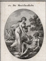 Allegory of philanthropy. She holds a scholarship and comes to rescue a poor man to whom she reaches out. Her attribute is a pelican that opens his breast to feed his young. Engraving in 