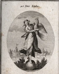 Allegory of pride represented by a young girl with a blindfold placed on a ball, emblem of her little solidity. The peacock symbolizes the superb spirit. The rich clothing covers her poor clothes to show the exterior. Engraving in “Iconologie oder Ideen a”