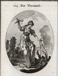 Allegory of reason, she holds a flamboyant sword from which she threatens the vices represented by snakes that she holds chains. Engraving in 