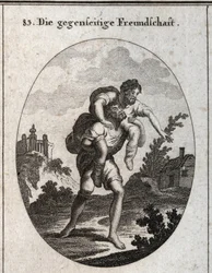 Allegory of Reciprocal Friendship. A Blind Man is Shown the Way by the Voice of a Mute Man on His Shoulders. Engraving in 