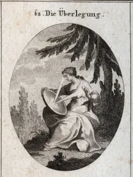 Allegory of Reflection. A ray of light starts from his heart strikes the mirror on his knees and reflects the light on his forehead. Engraving in 