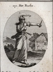 Allegory of revenge with a breastplate and a helmet on which a flame shines. She bites her finger and looks at a dagger. The arrow that pierces her means that revenge takes place only after an offense received. Engraving in 