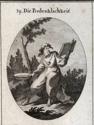 Allegory of scruples represented by an old man with a gold chain to which is attached a heart emblem of candor and good advice. He maintains a calendar that he carefully considers and a sieve that is the attribute of the distinction between good and evil