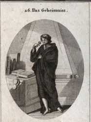 Allegory of secrecy, covered in black to bury in oblivion the secrets entrusted to him. He has a band over his mouth, to which he adds a seal. Engraving in “Iconologie oder Ideen aus dem Gebiete der Leidenschaften und Allegorien bildlich dargestellt für Z”