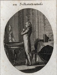 Allegory of self-knowledge. A young man faces a mirror. Engraving in 