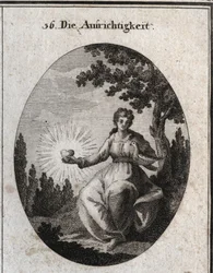Allegory of Sincerity Holding a Dove Against Her Breast and Presents a Radiant Heart. Engraving in 