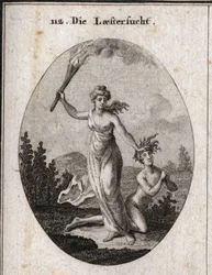 Allegory of Slander Holding a Torch and Ruthlessly Dragging a Naked Teen Who Joins Hands and Looks at the Sky. Engraving in 