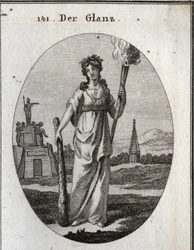 Allegory of splendor. The club on which she relies is the symbol of virtues. The chain and the gold medal are the reward. The light torch is light to beautiful deeds. Engraving in 
