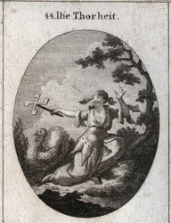 Allegory of stupidity personified by a ridiculous woman who holds a card reel that turns in the wind and laughs from which she laughs. Engraving in 