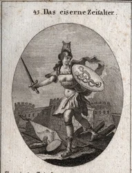 Allegory of the Iron Age characterized by violence, bad faith, and treason. Of fierce appearance, she is armed with a helmet in the head of a wolf, holds a sword and a shield where fraud and vice are represented (siren and snake with human faces).