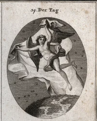 Allegory of the Day Flying Quickly and Hiding the Night and the Stars Using a Bright Large Veil. Engraving in Iconologie oder Ideen aus dem Gebiete der Leidenschaften und Allegorien bildich dargestellt fur Zeichner, Mahler, Dichter, Gelehrte, Erzieher u