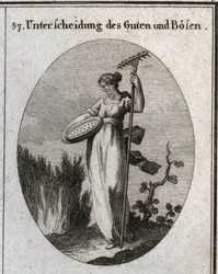 Allegory of the distinction between good and bad. The sieve separates the good grain from the chaff and the rake is used to remove weeds. Engraving in 