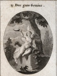 Allegory of the favourable genius in the form of a winged child with a small flame on his head, sitting on an altar in the shade of a plane tree. The horn of abundance means that it fills men with its favours. The father is a symbol of religious feelings.