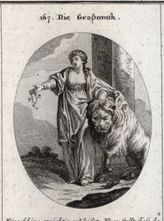 Allegory of generosity bearing a golden crown on the head and chest uncovered, designating the nobility of feelings and sincerity of the heart. She presents jewels and gold in one hand and the other rests on a lion lying peacefully at her feet. Engravi