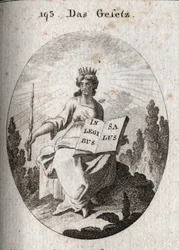 Allegory of the law. His radiant diadem marks his divine origin. The sceptre denotes its authority and the book is open or inscribed “In Legibus Salus” means that it promises a reward to those who obey it. Engraving in “Iconologie oder Ideen aus dem”