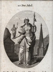 Allegory of the nobility. The star means the elevation of feelings. The statue of Minerva and the spear mark that it can acquire merit in science and weapons. Engraving in 