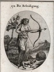 Allegory of the offence in the process of decoding an arrow and whose clothing is filled with tongues and knives. Attack by dogs the hedgehog that throws his darts means the compulsion to repel the offence by offence. Engraving in 