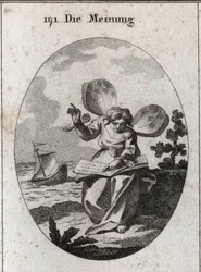 Allegory of opinion represented reading a book from which she seems to support proposals. Butterfly wings on the shoulders and wrists mark the instability of men in their opinions. Deep down, a ship is beaten by the waves, alluding to the imagination and