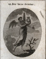 Allegory of the opposite genie represented by a bad genie with bat wings and holding an owl, bird of bad omen. Engraving in 