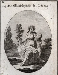Allegory of the prosperity of life. richly clothed and crowned with grapes and attributes of wealth and abundance. The oak branch filled with leaves and fruit means health but also solidity and incorruptibility. Engraving in 