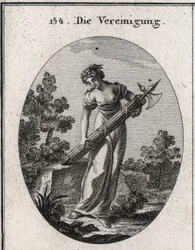 Allegory of union. Crowned with olive tree symbol of peace, and mirth representing joy. It flows on a bunch of tightly bound sticks without bending the image of strength and union. Engraving in “Iconologie oder Ideen aus dem Gebiete der Leidenschaf