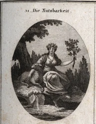 Allegory of utility. Crowned with grapes and leaning on a sheep, she holds an oak branch filled with fruits and leaves symbolizing things useful to life, just as the spring water near which she sits. Engraving in 