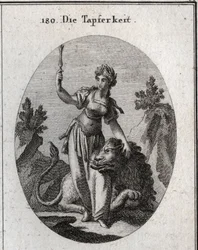 Allegory of value, crowned with laurel, she caresses a lion tamed by her. The high scepter means that her courage makes her worthy of command. Engraving in 