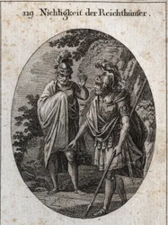 Allegory of vanity of riches: Emperor Constantine The Great traces on earth with his spear a human body and says 