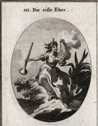 Allegory of Vain Glory Holding a Trumpet and Breathing the Smell of Incense with Satisfaction. Engraving in 