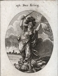 Allegory of War. She Holds a Lightning and a Nude Sword and Breaks Under Her Feet Gold and Silver Vases and a Statue of the God Plutus Which Is Symbolized by a Horn of Abundance and a Blindfold. At the Bottom, the Walls of a Ruined City. Engraving in 