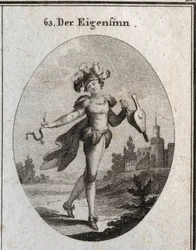 Allegory of whim. His costume and feathers mark the inconstancy of the fantasies of the capricious. The bellows and spur he holds show that he praises both virtue and vice indifferently. Engraving in 