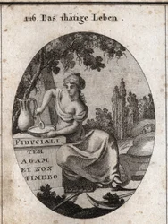 Allegory of working life sitting in the shade of a vine. She is represented preparing to eat by a pond and rocking a child with her foot. Ploughing instruments are placed beside her. Engraving in “Iconologie oder Ideen aus dem Gebiete der Leidenschaften”