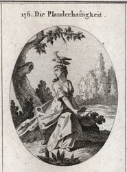 Babel allegory. Its drapery is filled with cicadas and tongues. His attribute is the crow. Engraving in “Iconologie oder Ideen aus dem Gebiete der Leidenschaften und Allegorien bildich dargestellt fur Zeichner, Mahler, Dichter, Gelehrte, Erzieher und fre