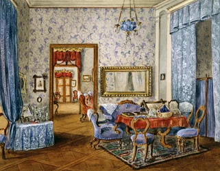 Biedermeier-style bedroom, circa 1830, watercolor, Austria