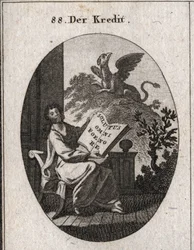 Allegory of credit holding a book with the inscription “Solutus omni foenore”, free from all interest. In the background, a griffin, symbol of the safeguarding and preservation of treasures. Engraving in “Iconology or Ideas from the Realm of Sufferings”.
